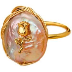Baroque Pearl & Golden Rose Statement Ring – Adjustable Vintage-Inspired Jewelry